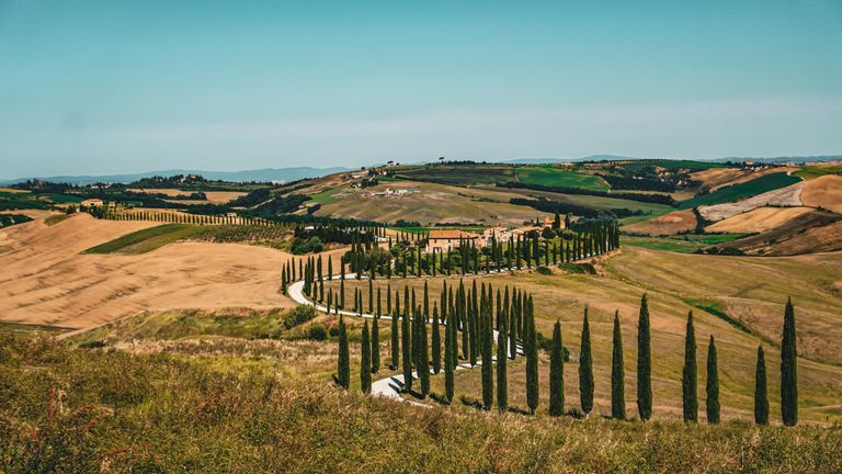 Strona główna 4 Breathtaking view of rolling hills and cypress trees in Tuscany, Italy, under a clear blue sky.